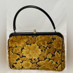 VINTAGE 50’s Soure Bag New York. Mustard/ black chenille velvet floral.